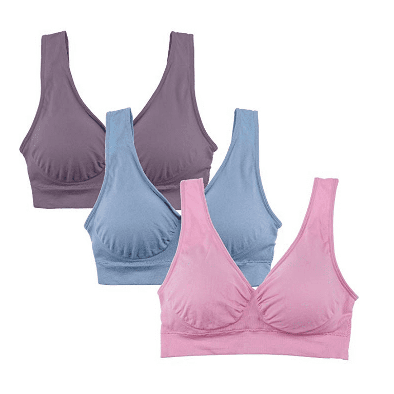 QiShi Women's 3-Pack Seamless Wireless Sports Bra with Removable Pads(Pink,  Purple, Blue)