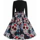 thumbnail image 4 of Vestido elegante para mujer, estilo años 50, estilo retro, vintage, de manga larga, cuello en V, corte en A, estilo Hepburn, estampado de calabaza, calavera y bruja, vestido de cóctel gótico., 4 of 5