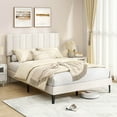 thumbnail image 1 of Costway Full Size Velvet Bed Frame with Height Adjustable Vertical Channel Headboard, Beige, 1 of 10