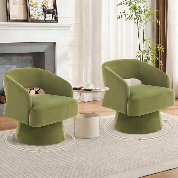 Modern Swivel Barrel Accent Chair, 360° Velvet Upholstered Armchair with Striped Backrest & Plush Padding, Comfy Round Lounge Chair (2, Green Hollowed)