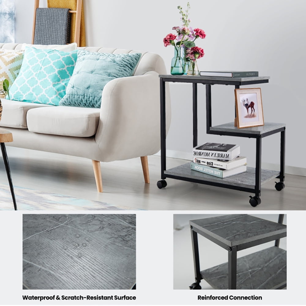 Finihen Rolling Side Table, 3-Tier Side Table with Storage and Universal Casters, Sofa Side Table, Bed Side Table, for Living Room, Bedroom, Black Finihen Rolling Side Table, 3-Tier Side Table with Storage and Universal Casters, Sofa Side Table, Bed Side Table, for Living Room, Bedroom, Black