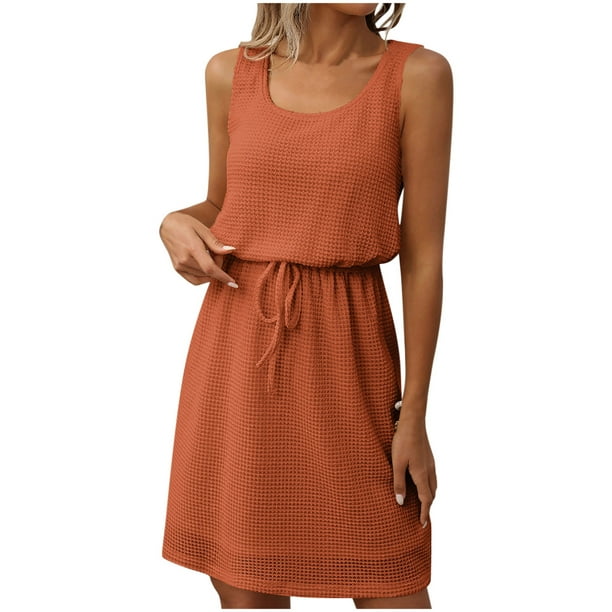 Sexy Vestido Casual para las Mujeres, Moda Casual Cuello Redondo sin Mangas de Cordón de Color Sólido para el Verano Y la Fiesta