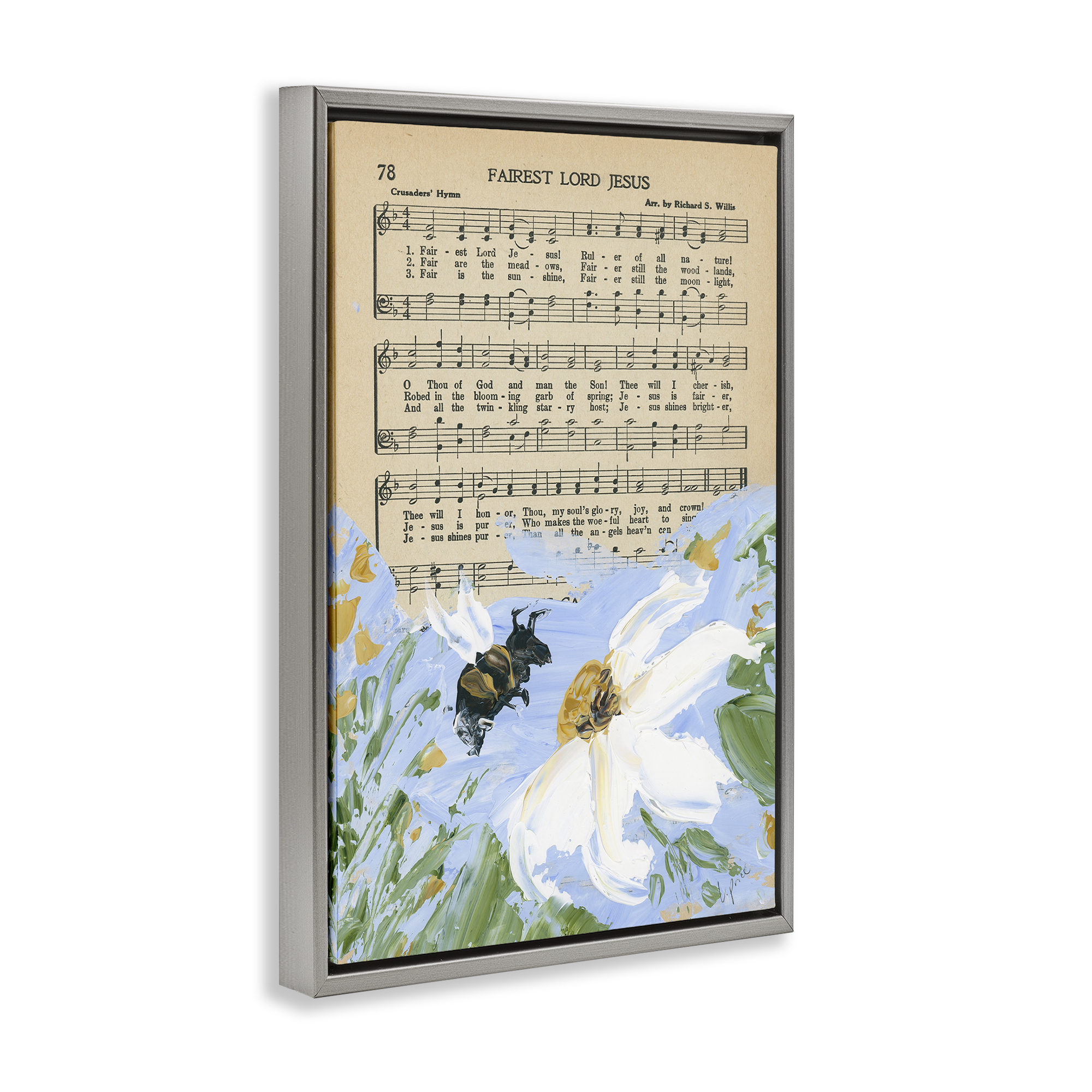 Stupell Industries Floral Music Hymn Religious Painting Gray Floater Framed Canvas Art Print Wall Art, 21 x 31