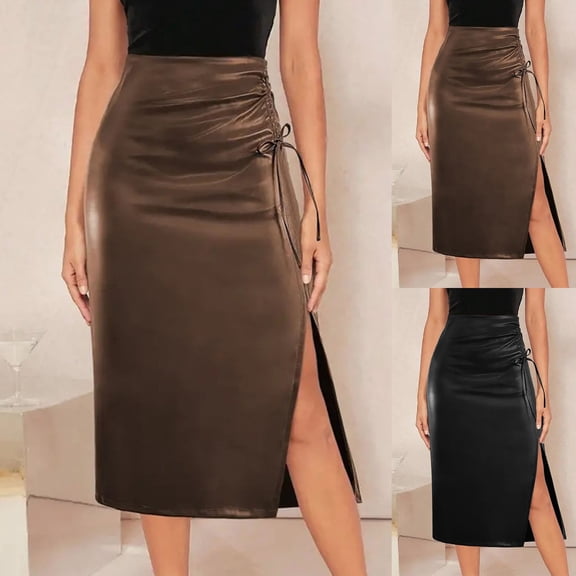 Ahuyic Womens Summer Casual Dress,Womens Plus Size Dress,Womens Casual High Waisted Drawstring Pleated Slit Zippered Leather Skirt Half Skirt,Black,S