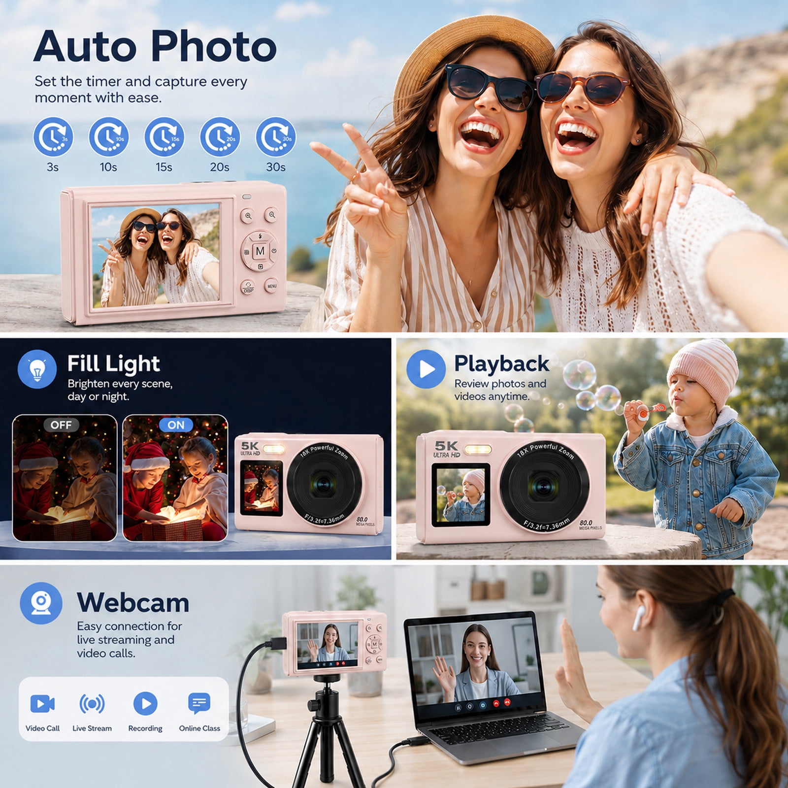 5K 80MP Digital Camera, Dual Screen WiFi Point-and-Shoot Camera with 18X Zoom, Flash and 64GB Card for Vlogging, Teens and Adults, Pink