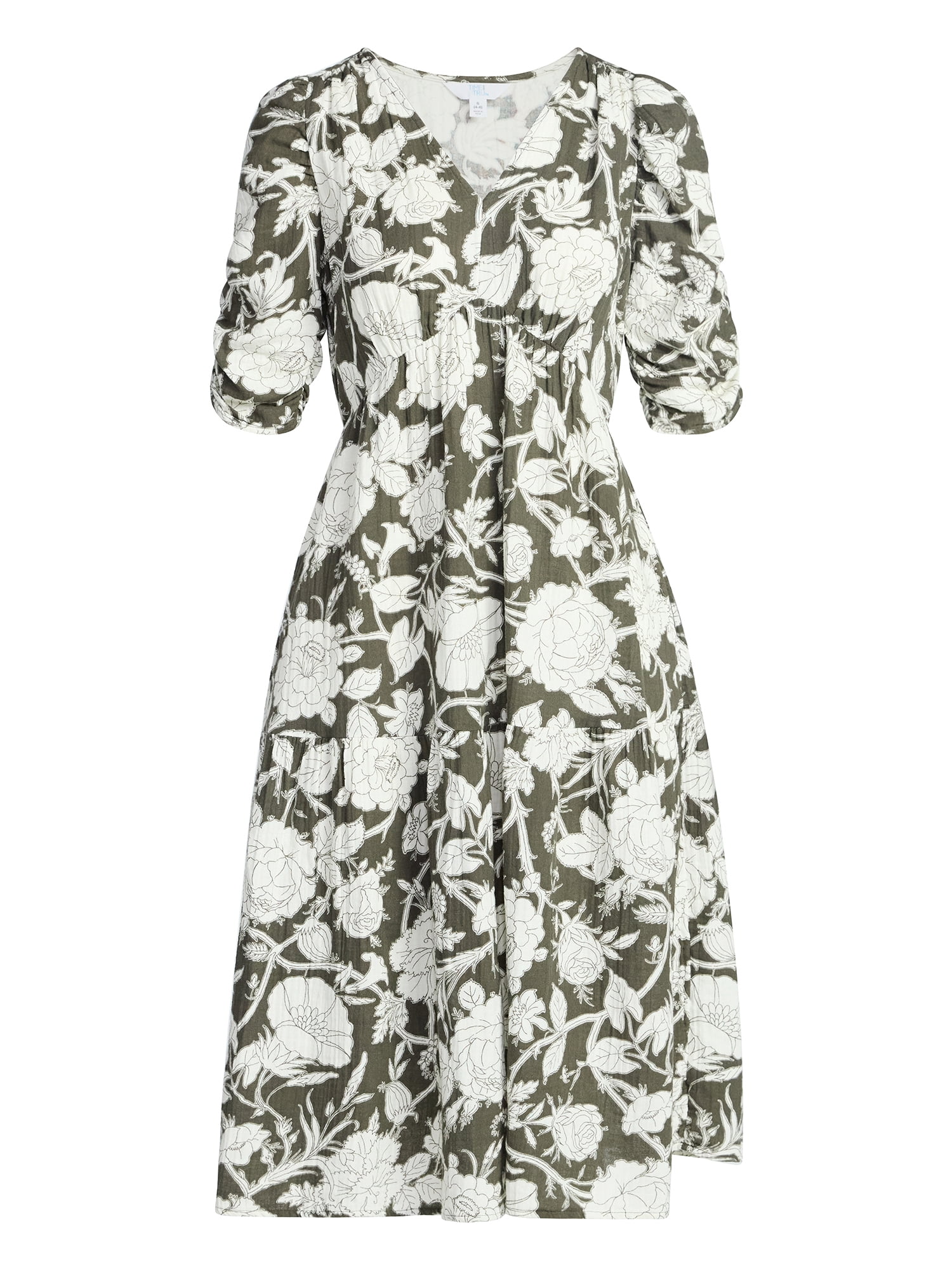 Time and Tru Women's Cotton Tiered Midi Dress with Elbow Length Sleeves, Sizes XS-XXXL