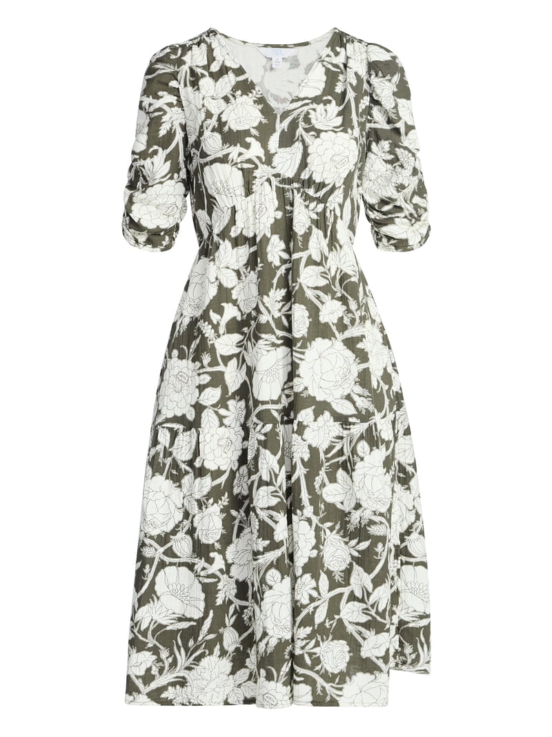 Time and Tru Women's Cotton Tiered Midi Dress with Elbow Length Sleeves,  Sizes XS-XXXL - Walmart.com