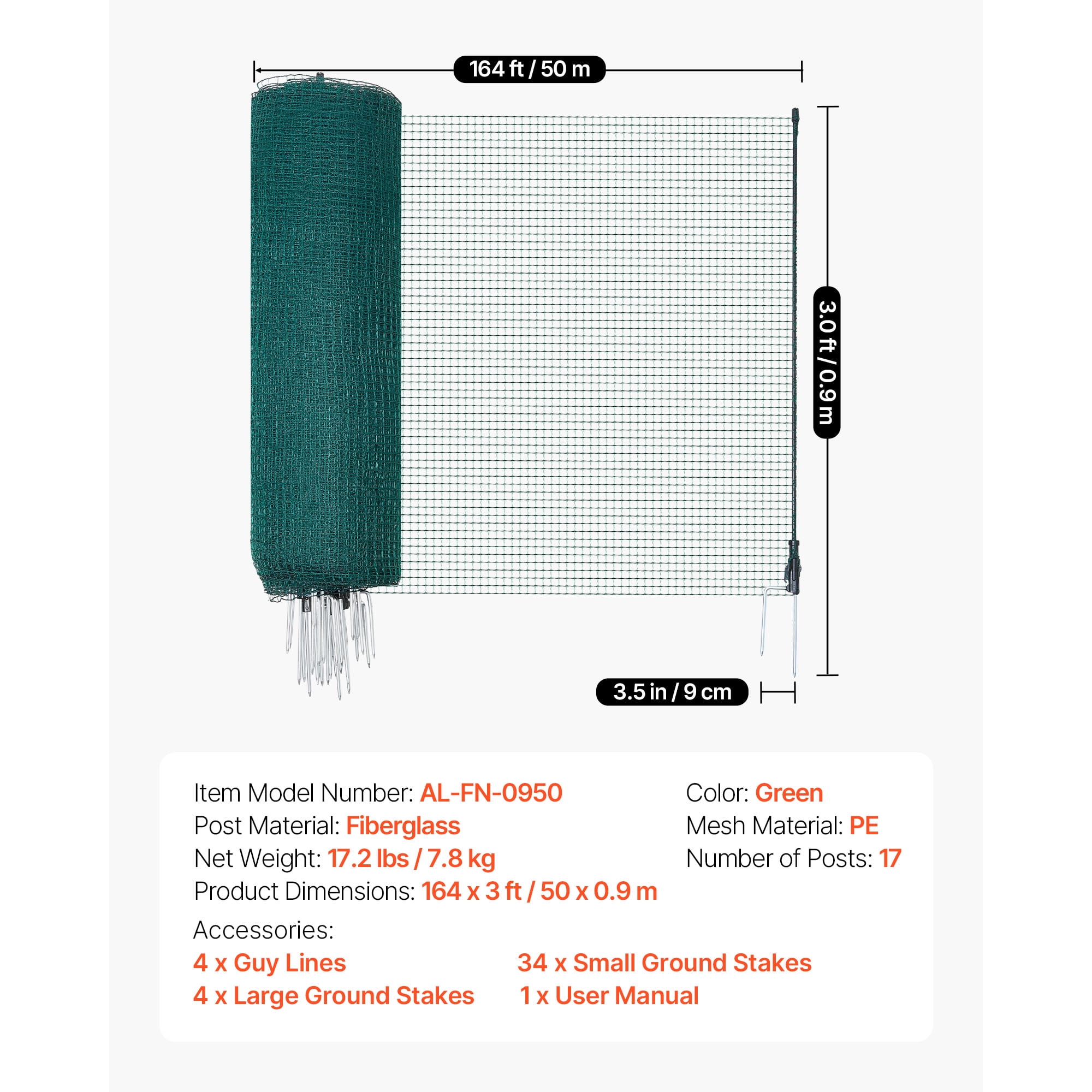 KFFKFF Temporary Fence with Posts, 3 x 164 FT Plastic Mesh Fencing, Garden Safety Netting with Double-Spike Stakes & Guy Ropes, Portable Barrier for Pets, Poultry, Plants, and Outdoor Spaces