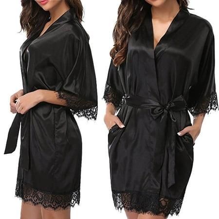 Women robe Silk Satin Robes Bridal Wedding Bridesmaid Bride Gown kimono robe Black