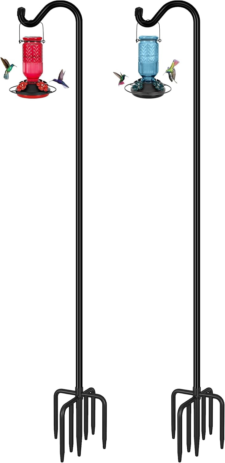 FEED GARDEN Adjustable Shepherd Hook Bird Feeder Pole with 7 Prongs Base, 108 Inch Tall 5/8 Inch Thick, Heavy Duty Outdoor Garden Poles for Hanging Bird Feeders, Plant Baskets, Black (1 Pack)