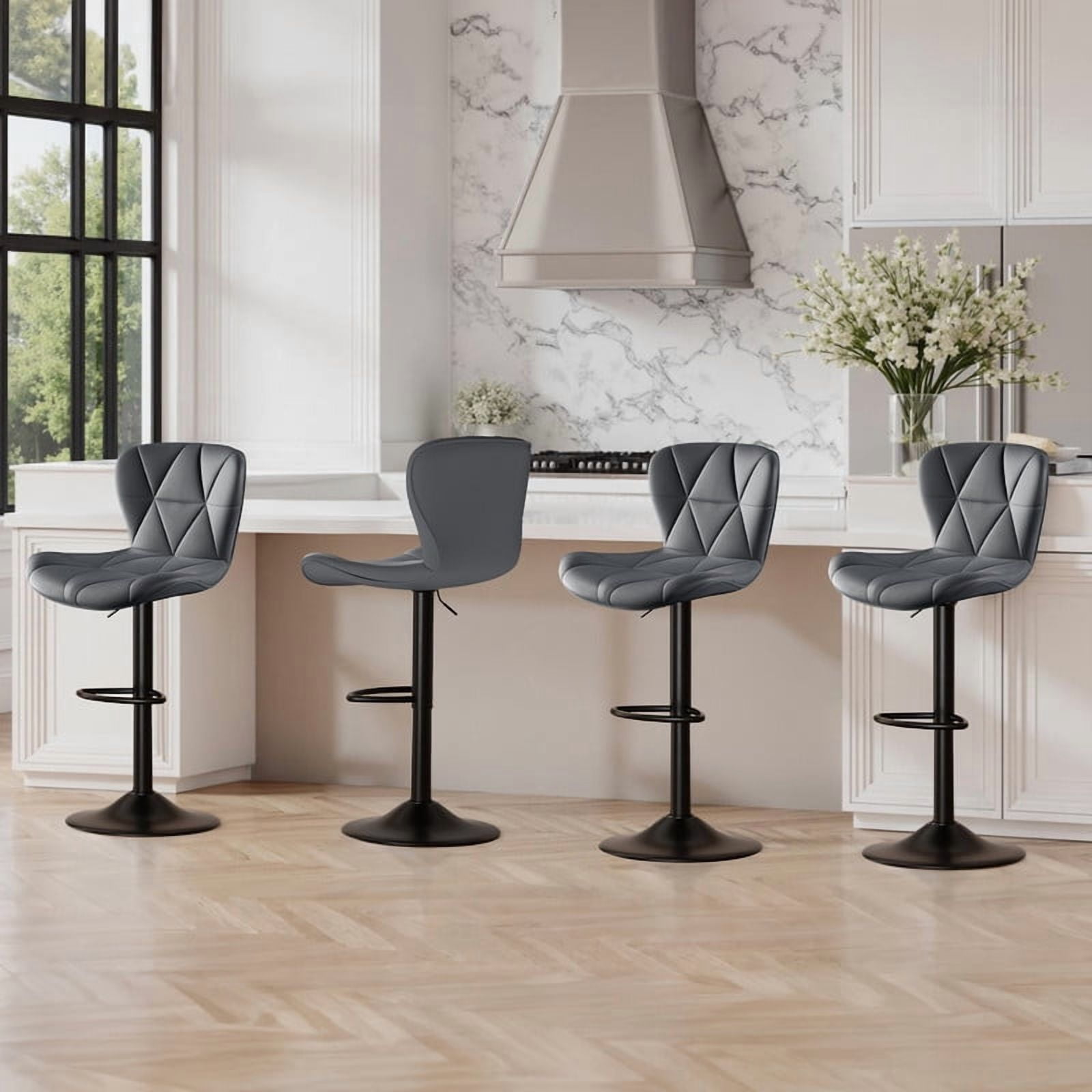 Daluvenix Modern Bar Stools Set of 1, Adjustable Swivel Counter Height Bar Chairs with Back, Faux Leather Upholstered for Kitchen Island, Dark Grey