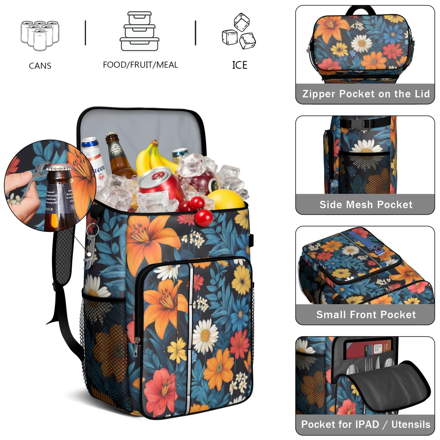 Travel Cooler Bag - Pioneer Flower Floral Print Pattern Camping Beer Cooler Backpack with Bottle Opener- Waterproof Insulated Picnic Backpacks - Cooler Bag for Beach