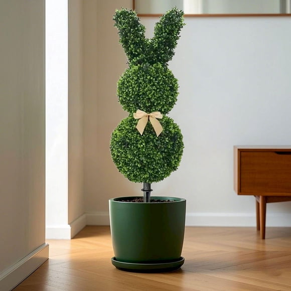 Easter Bunny Topiary, Topiaire Vert Artificiel en Forme de Lapin, Arbre Pot de Pâques Bunny, Lapin de Pâques Buis Topiaries pour Déco de Porche de Pâques Extérieur/intérieur