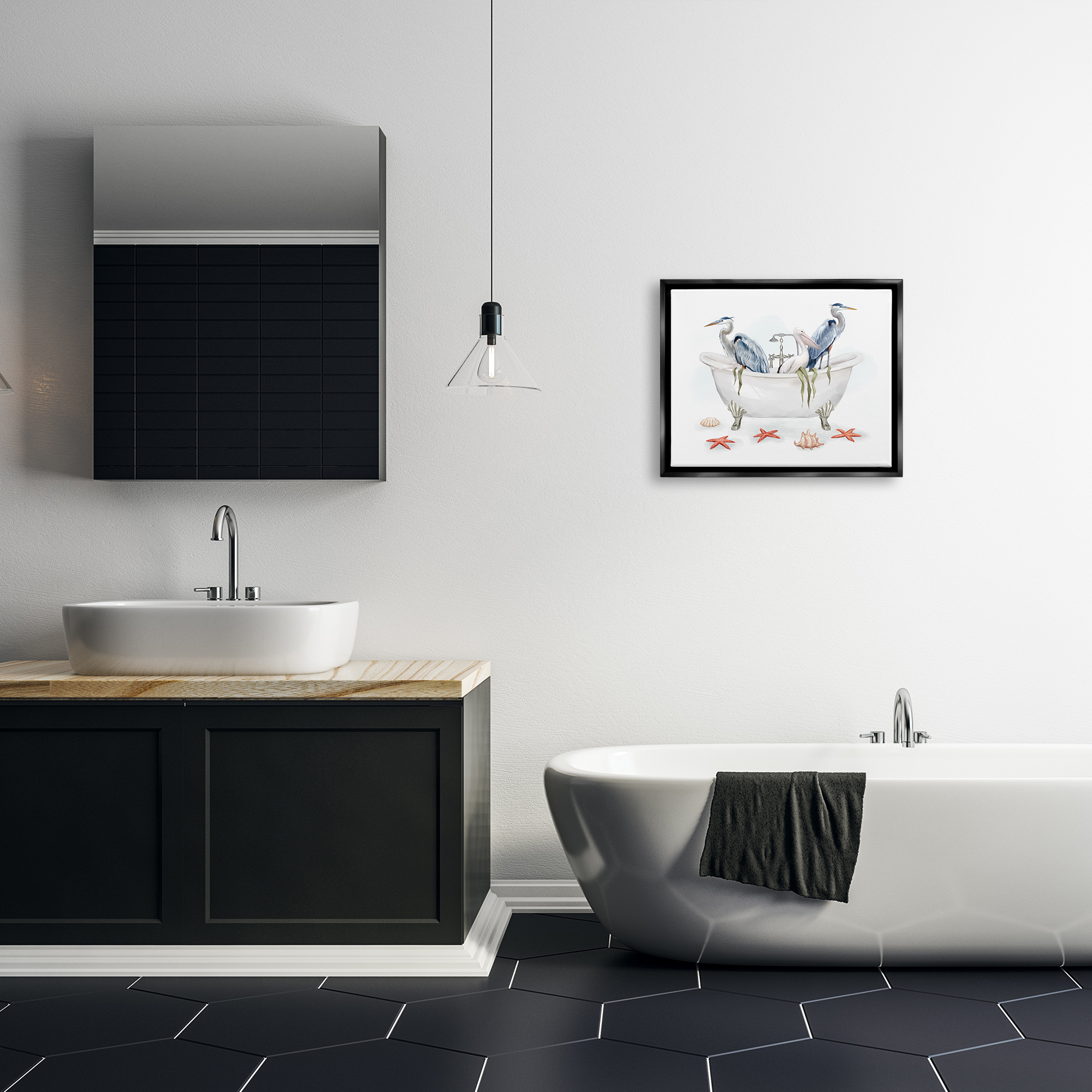 Stupell Industries Egrets in Nautical Bathtub Animals & Insects Painting Black Floater Framed Art Print Wall Art, 21 x 17