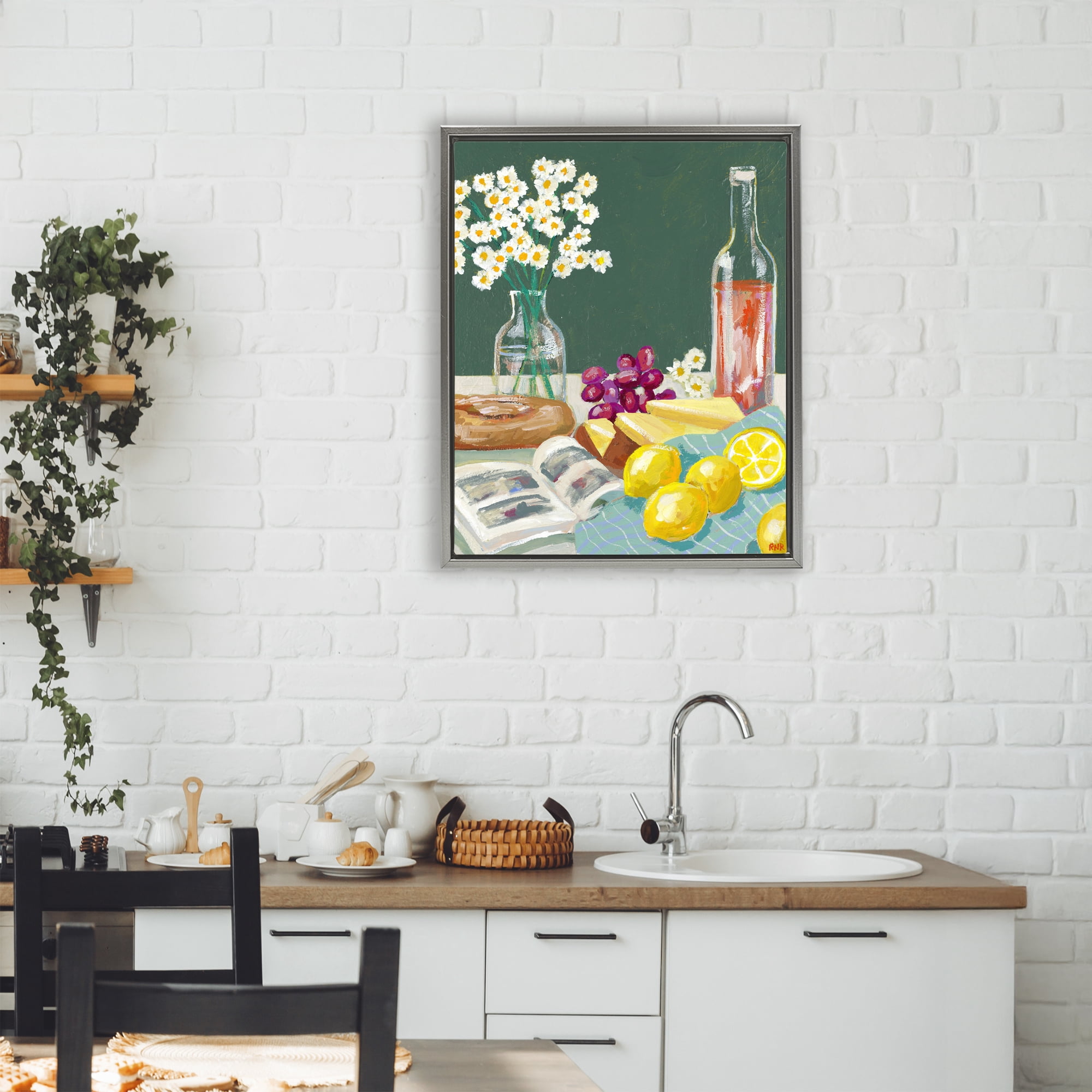 Stupell Industries Cheese, Wine and Lemon Still Life Gray Framed Floater Canvas Wall Art, design by Rachael Reese