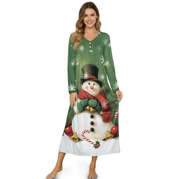 Tutolipy Christmas Nightgowns for Women Long Sleeve Loungewear Snowman Snowflake Printed V Neck Sleepwear Breathable House Dress, M
