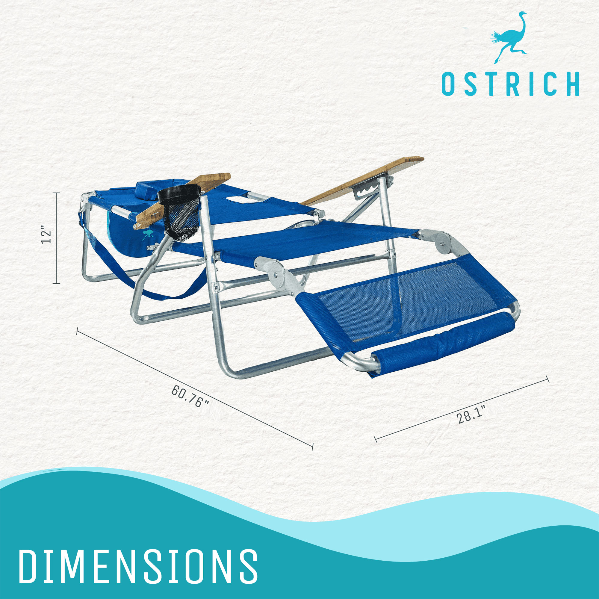 Ostrich 3N1 Lightweight Outdoor Beach Lounge Chair with Footrest, Blue - image 2 of 8