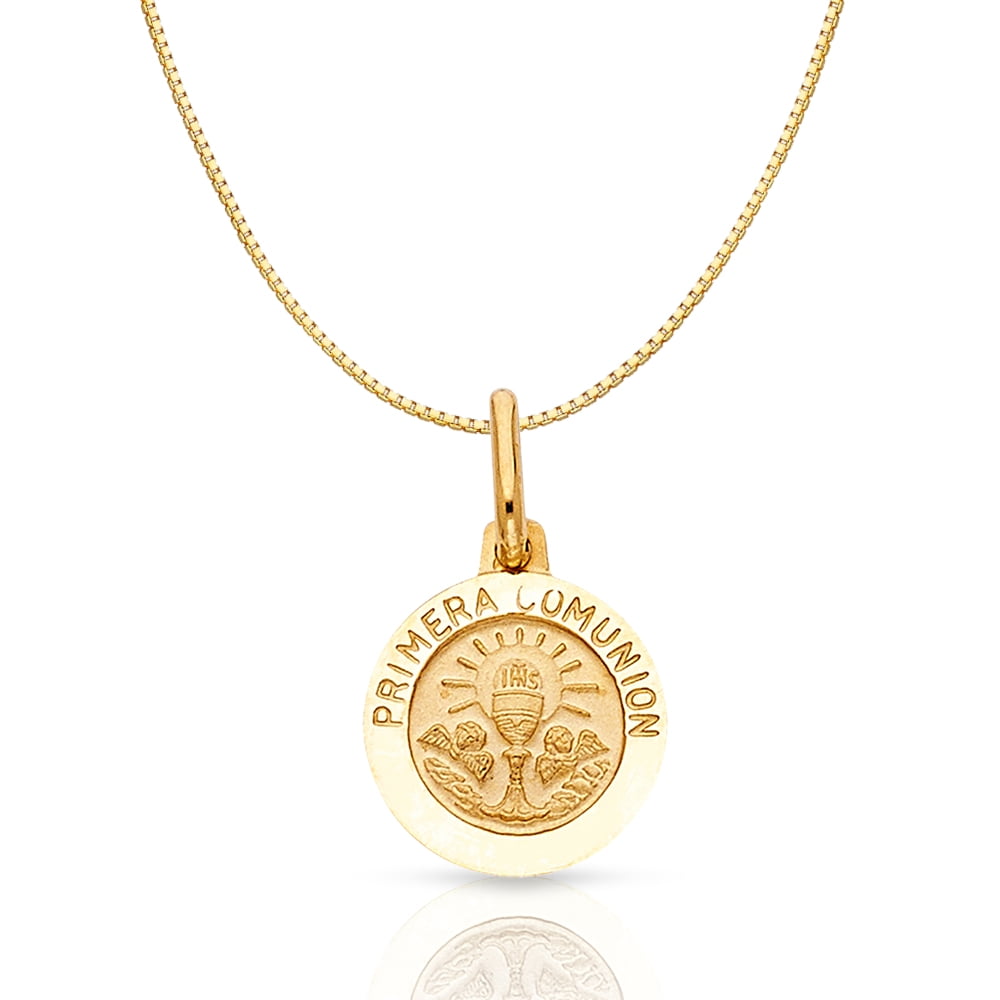 14K Yellow Gold Holy Primera Communion Religious Charm Pendant with 0.8mm Box Chain Necklace 