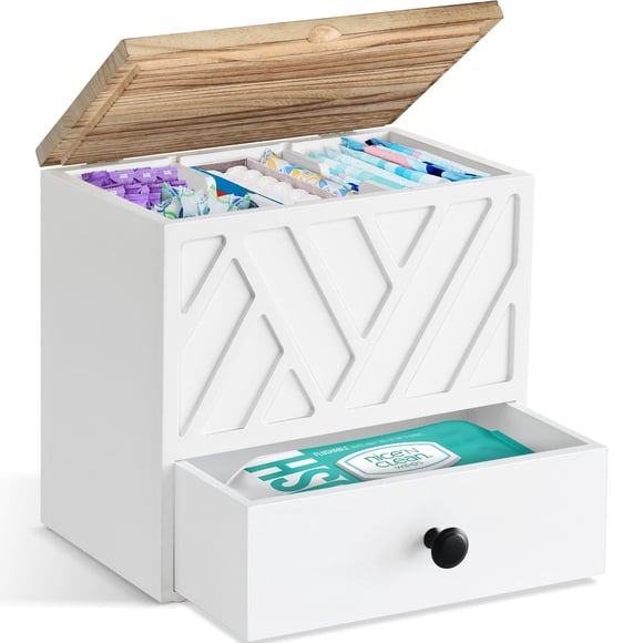 Soporte para tampones Jorkol para decoración de baño con tapa y cajón, color blanco