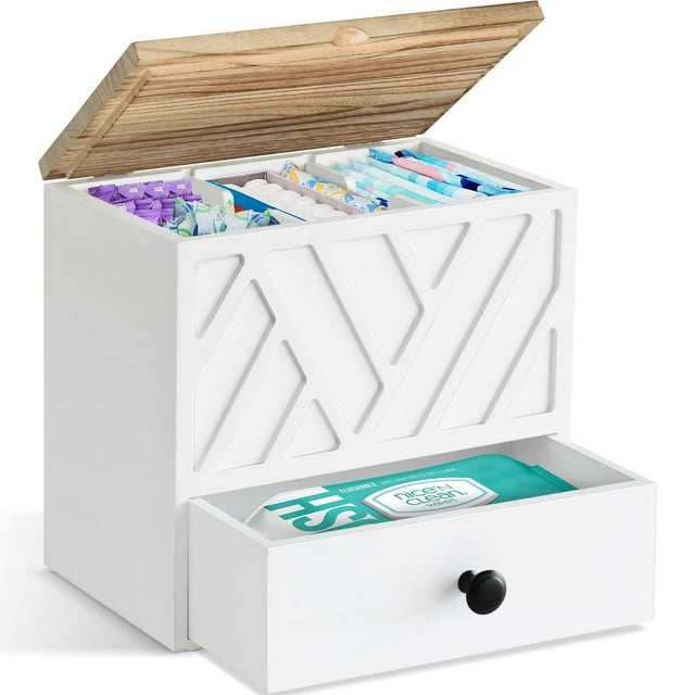 Soporte para tampones Jorkol para decoración de baño con tapa y cajón, color blanco