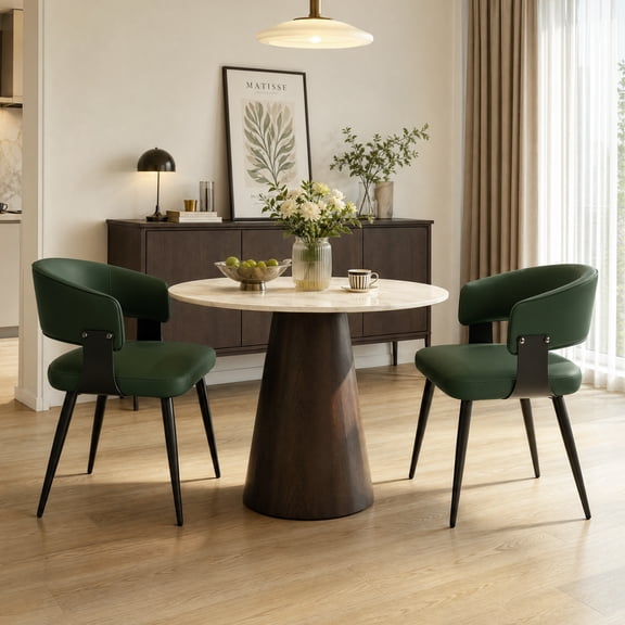 IZXGS Dining Chairs Set of 2, Modern Upholstered Faux Leather Kitchen Chairs with Curved Back Metal Legs,Green