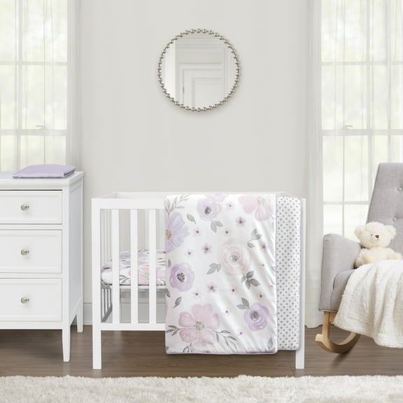 Sweet Jojo Designs Watercolor Floral Purple Pink and Grey 3 Piece Mini Crib Bedding Set