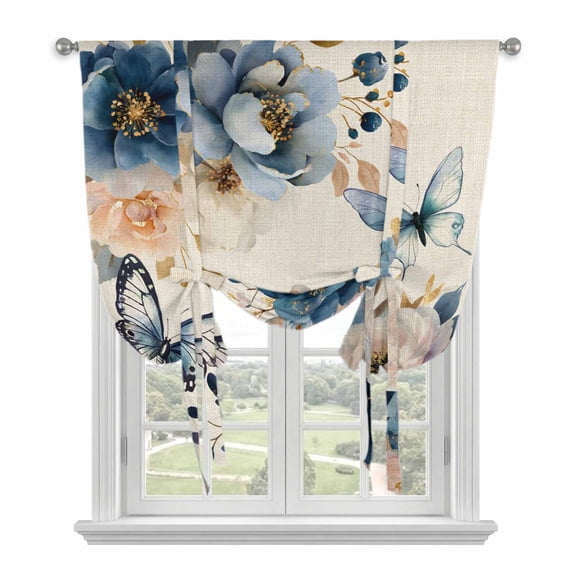 Vintage Blue Floral Tie Up Curtains for Windows, Balloon Window Shades, Butterflies Watercolor Flower Linen Kitchen Window Treatments Roll Up Curtain for Basement/Nursery 52"x45"
