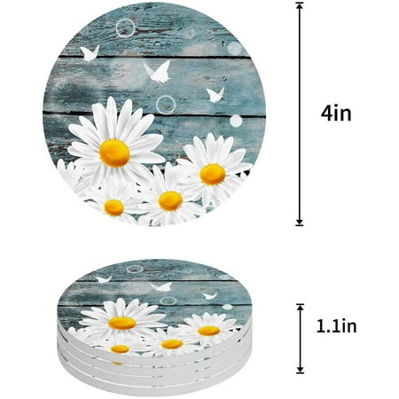 

KXMDXA Summer Flower Daisy Butterfly Wood Grain Set of 6 Round Coaster for Drinks Absorbent Ceramic Stone Coasters Cup Mat with Cork Base for Home Kitchen Room Coffee Table Bar Decor