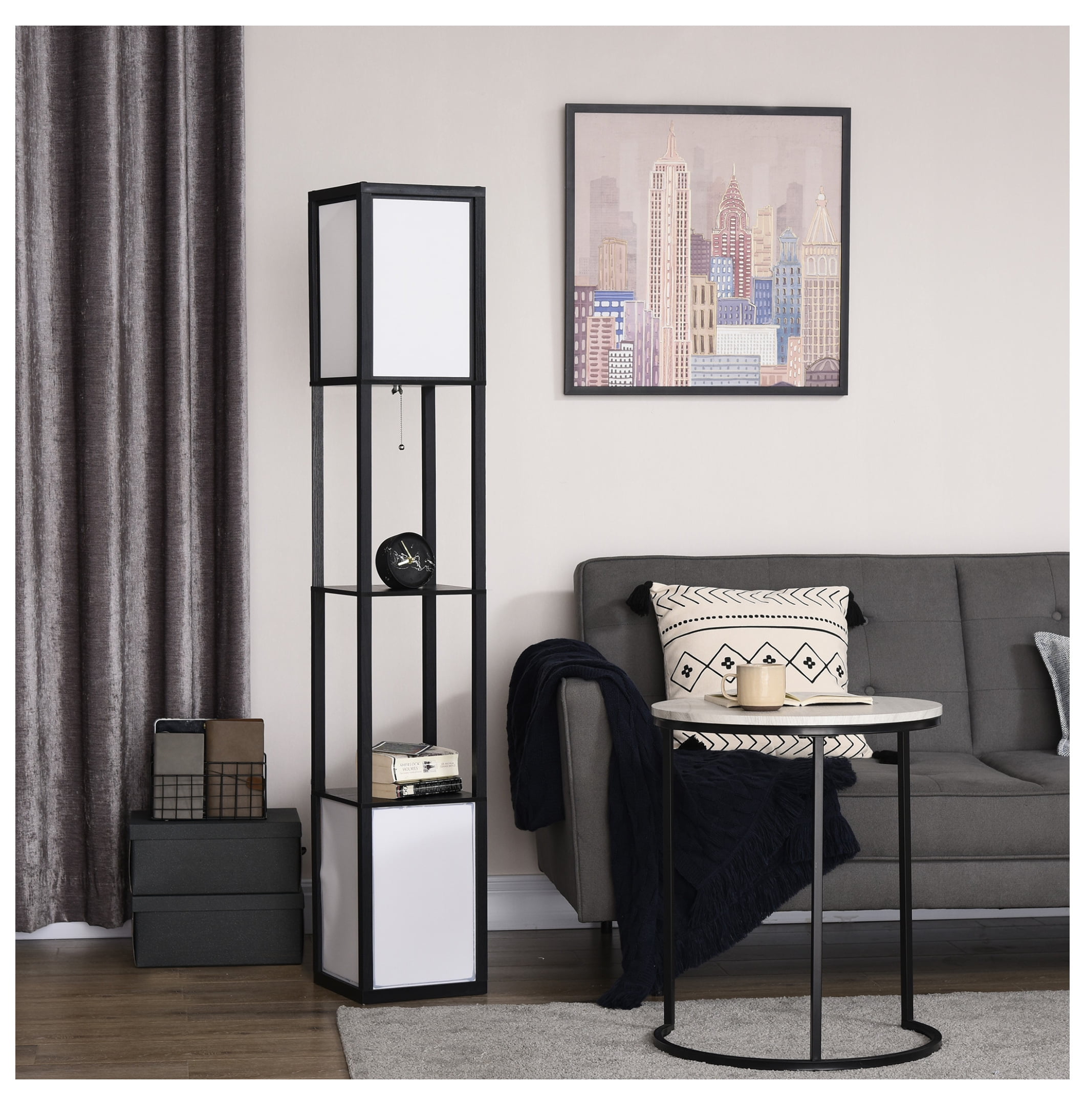 HOMCOM Modern Floor Lamp with Shelves & Dual Ambient Lighting, Tall Standing Lamp for Living Room, Bedroom with Fabric Lampshade (Bulb not Included), Black