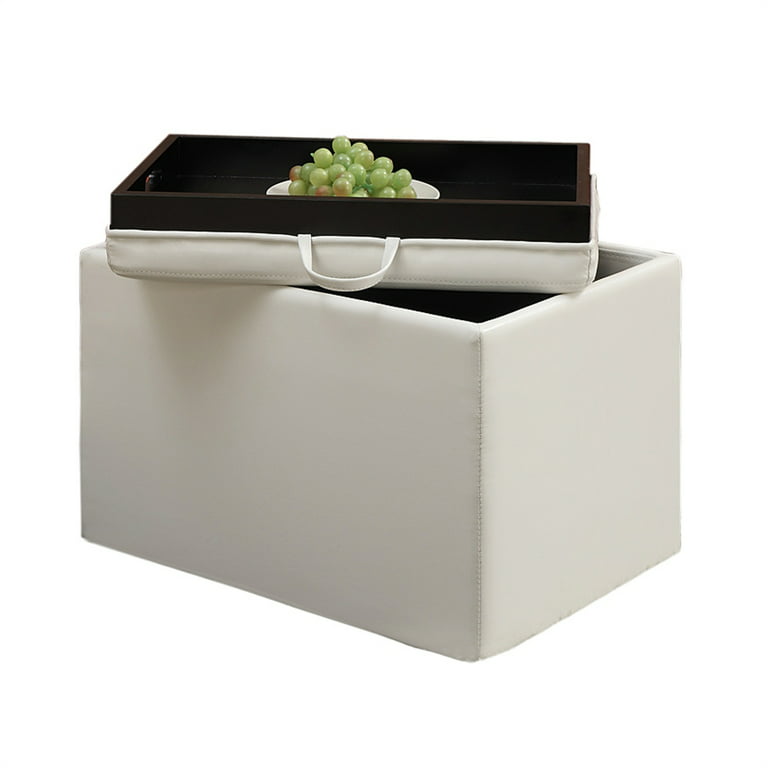 Convenience Concepts Faux Leather Designs4Comfort Accent Storage Ottoman in  Ivory with Reversible Tray