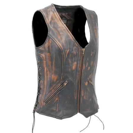 Unik Ultra Vest Women s Vintage Brown Triple Zip Side Lace Leather Gun Unik Ultra Vest Women s Vintage Brown Triple Zip Side Lace Leather Gun