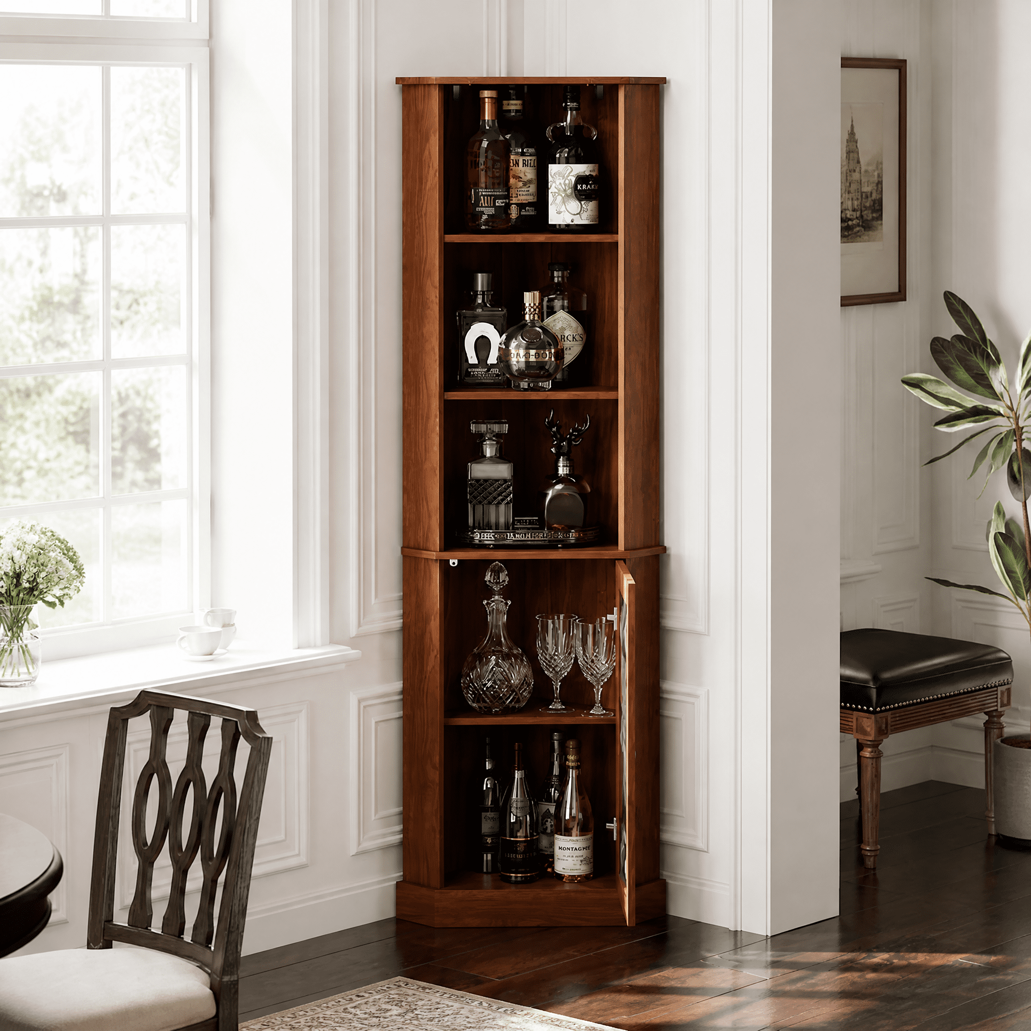 Corner Liquor Cabinet 3-Tier Display Storage with Door for Living Room Dining Room Bar