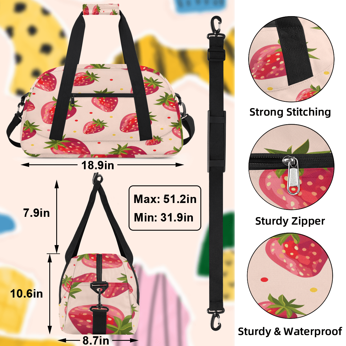 Herdesigns Strawberry Sports Duffle Bag for Women & Men, Strawberries Gym Bag Dance Bag Overnight Bag Carry On Weekender Travel Bag
