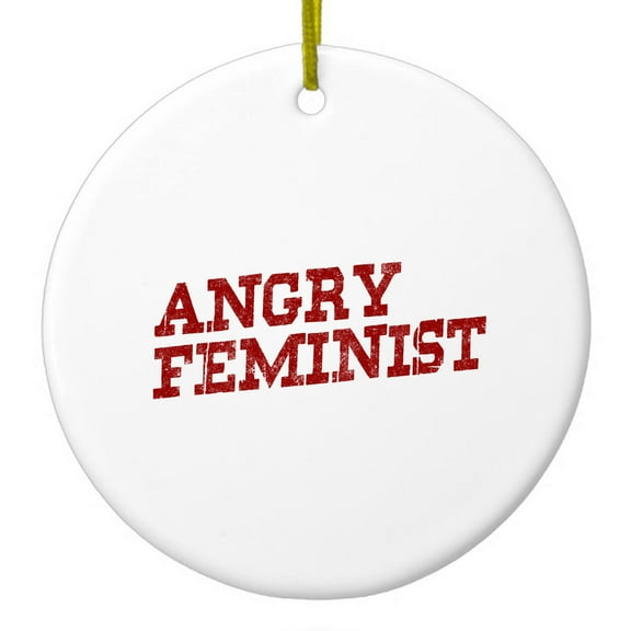 DistinctInk Hanging Ceramic Christmass Tree Ornament with Gold String - Great Gift / Present - 2 3/4 inch diameter - Angry Feminist