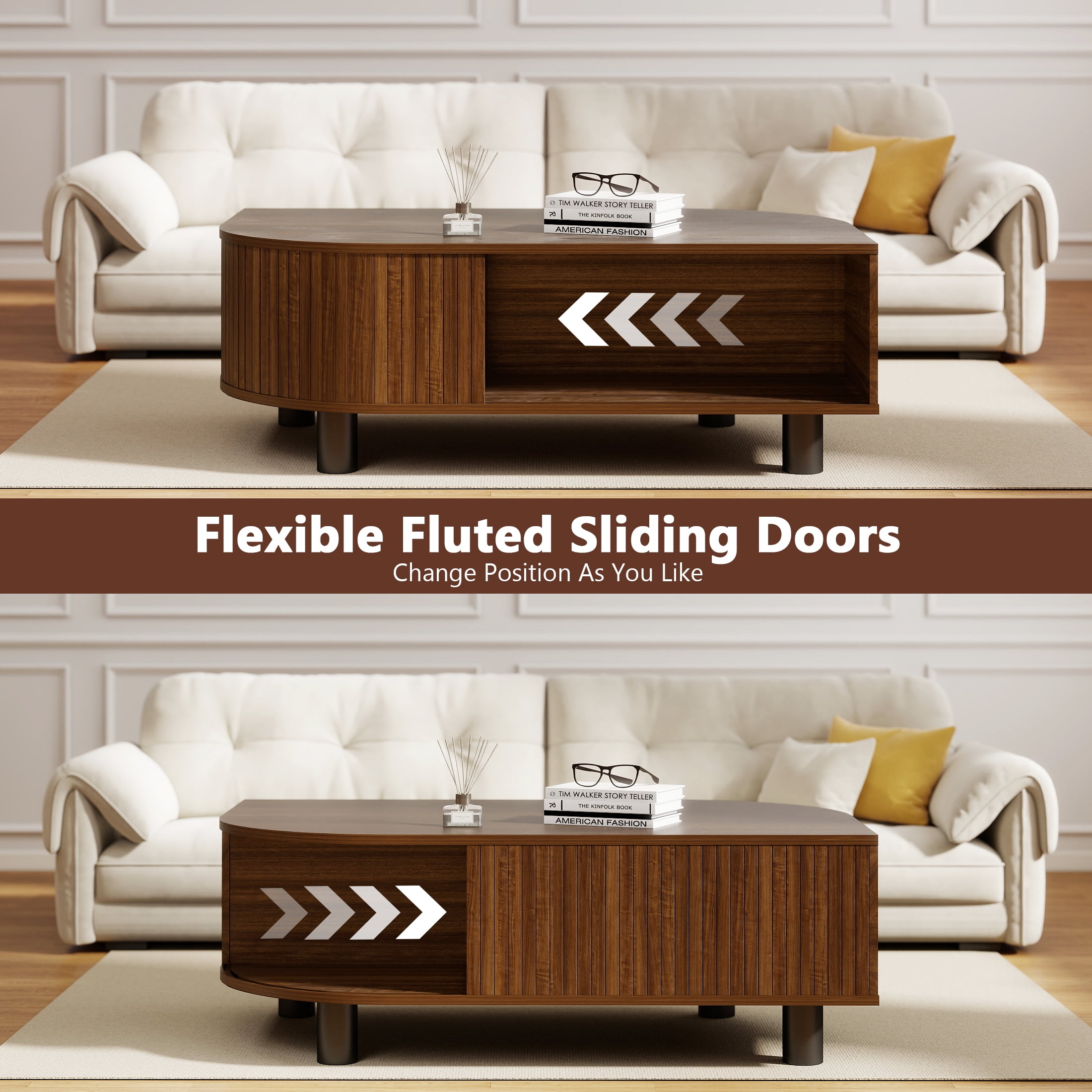 Anrist Wood Coffee Table with Storage & Fluted Sliding Doors for Living room, Unique Leaf-Shaped Design, Walnut