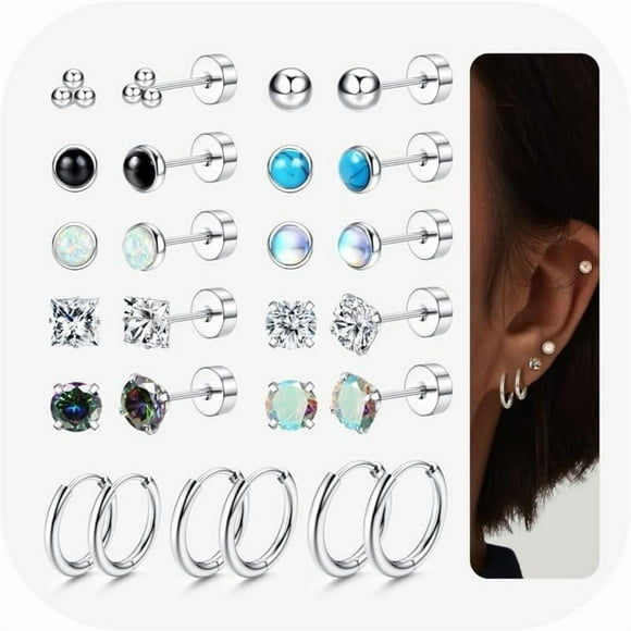 13Pairs Flat Back Earrings for Women Surgical Steel Earrings Hypoallergenic Zirconia Opal Small Stud Earrings Set Gold/Silver Hoop Earrings Piercing Cartilage Earrings for Sensitive Ears