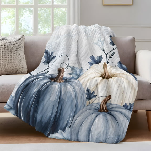Navy Blue Pumpkin Fall Fleece Throw Blanket for Couch, Thanksgiving Botanical Pastoral Microfiber Flannel Blanket for All Season, Lightweight Fuzzy Plush Throw Blankets for Gifts, Office, 40"x50"