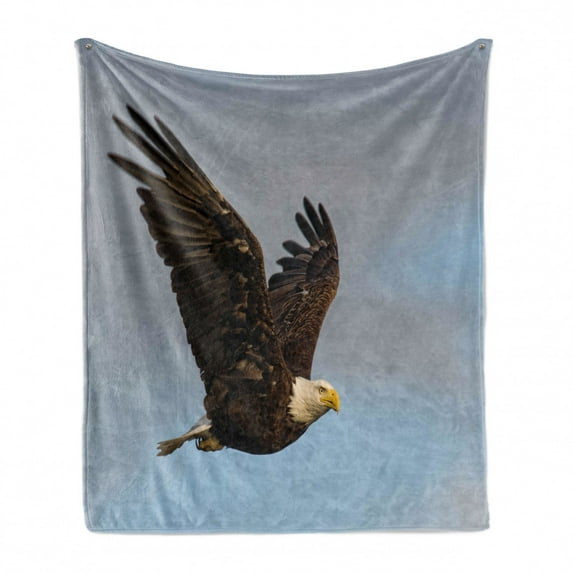 Eagle Soft Flannel Fleece Blanket, Photo of a Hunter Bird Flying in Open Sky Majestic Animal Wildlife Freedom, Cozy Plush for Indoor and Outdoor Use, 50" x 70", Dark Yellow Pale Blue, by Ambesonne