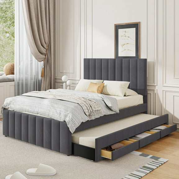 Bellemave Full Bed with Trundle and Storage, Upholstered Platform Bed with 3 Drawers, Wood Full Bed Frame with Tuffted Headboard for Teens Adult Bedroom（Gray）