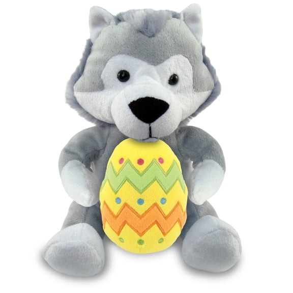 DolliBu Super Soft Gray Wolf with Yellow Easter Egg Plush - Perfect Wild Life Stuffed Animals for Easter Basket, Cute Easter Egg Stuffed Animal Spring Toys for Girls, Boy, Baby - 6 Inches