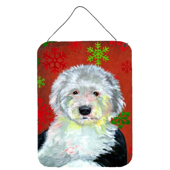 Old English Sheepdog Red  Green Snowflakes Holiday Christmas Wall or Door Hanging Prints