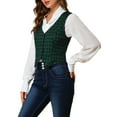 thumbnail image 4 of MODA NOVA Juniors  V Neck Cinched Waist Button Asymmetric Stretchy Plaid Sleeveless Jacket, 4 of 6
