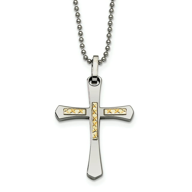 Stainless Steel 14k Accent Diamond Cut Cross Necklace 22in