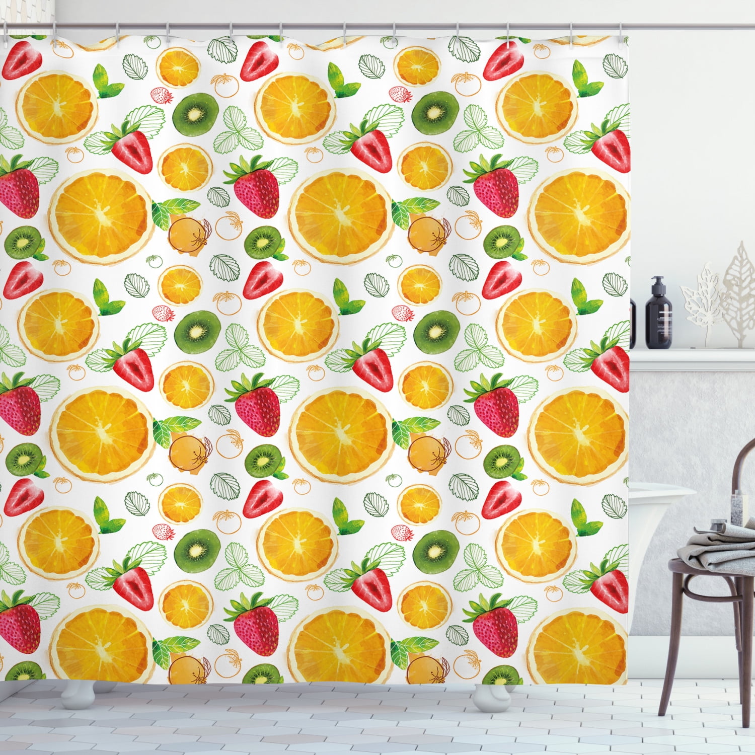 Fruits Shower Curtain, Citrus Kiwi Lemon Leaves Apricot Watermelon