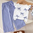 thumbnail image 2 of KPOPLK 1T 2T 3T 4T Girls Outfits 2 Piece Outfit Set Summer Ruffle Sleeve Bow Top and Gingham Pants Clothes(3-4 Years,Blue), 2 of 9