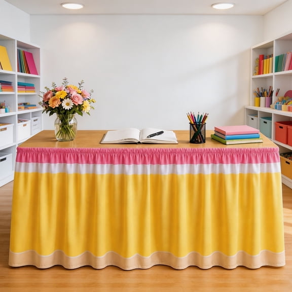 Pencil Table Skirt Cloths, Stationery Teacher Desk Skirts for Classroom, Pastel Desk Cover with Hook-and-Loop Tape(55IN)