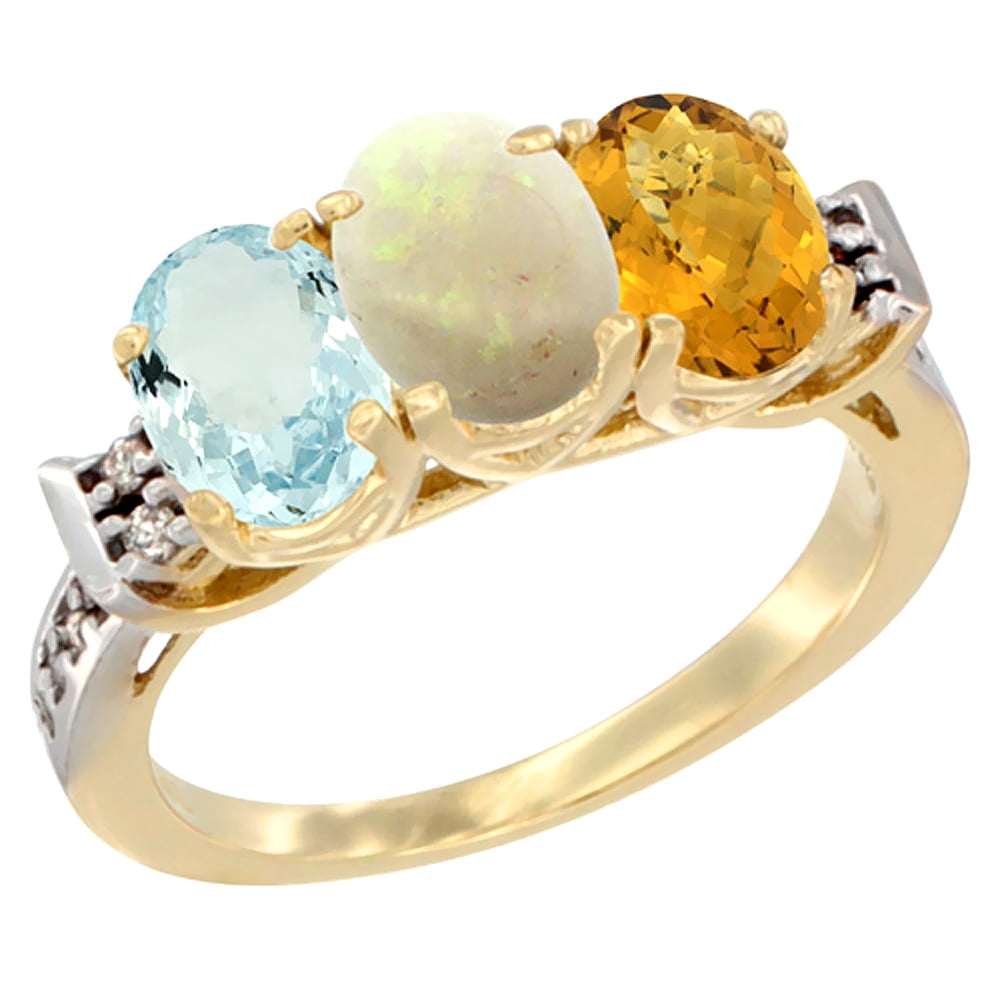 10K Yellow Gold Natural Aquamarine, Opal & Whisky Quartz Ring 3-Stone Oval 7x5 mm Diamond Accent, sizes 5 10 by WorldJewels