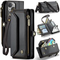 ELEHOLD for iPhone 14 Wallet Case,Support Wireless Charging PU Leather RFID Blocking Card Holder Kickstand Flip Shockproof Protective Case with Crossbody Wristlet Strap for iPhone 14,Black