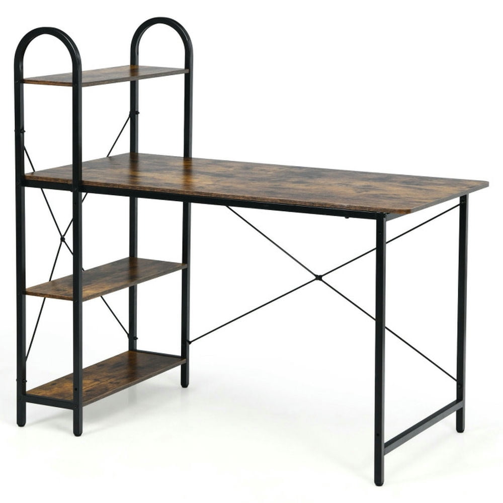 Demi Bonn 48" Reversible Computer Desk with Storage Shelf, Small Home Office Desk Study Writing Table, Rustic Brown