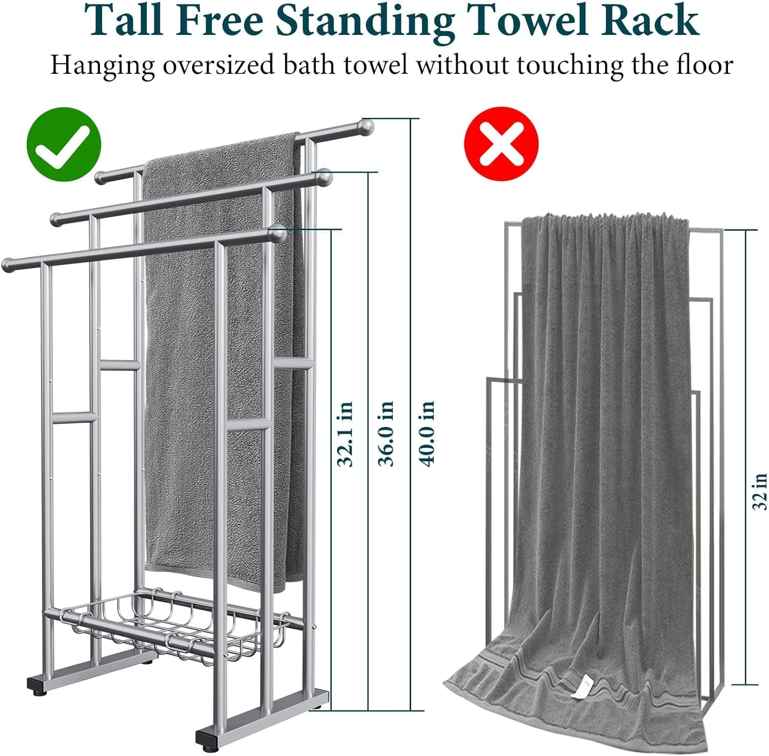 Kayfia 40" Tall Freestanding Towel Racks for Bathroom, 3 Tier Floor Towel Rack with Storage Basket Silver